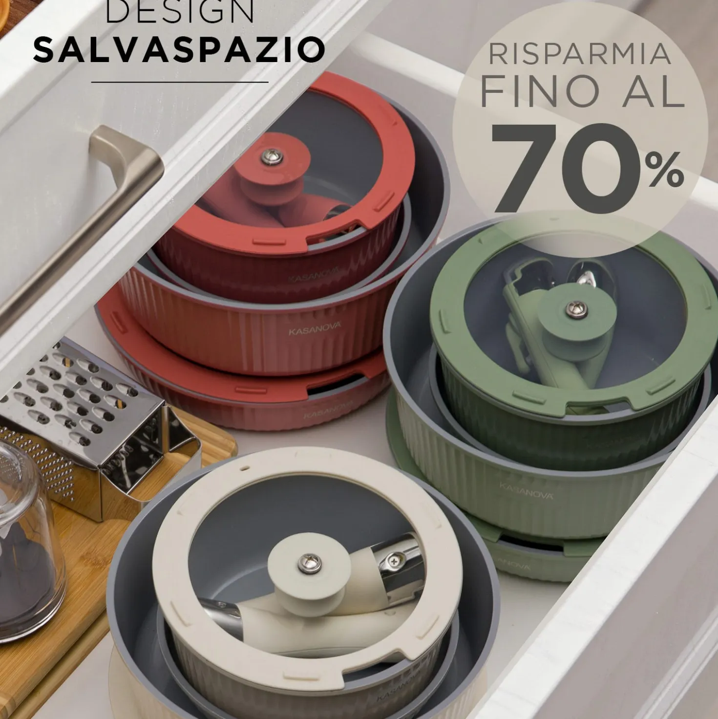 Batteria pentola 9 pezzi verde Eaziclip con manici staccabili