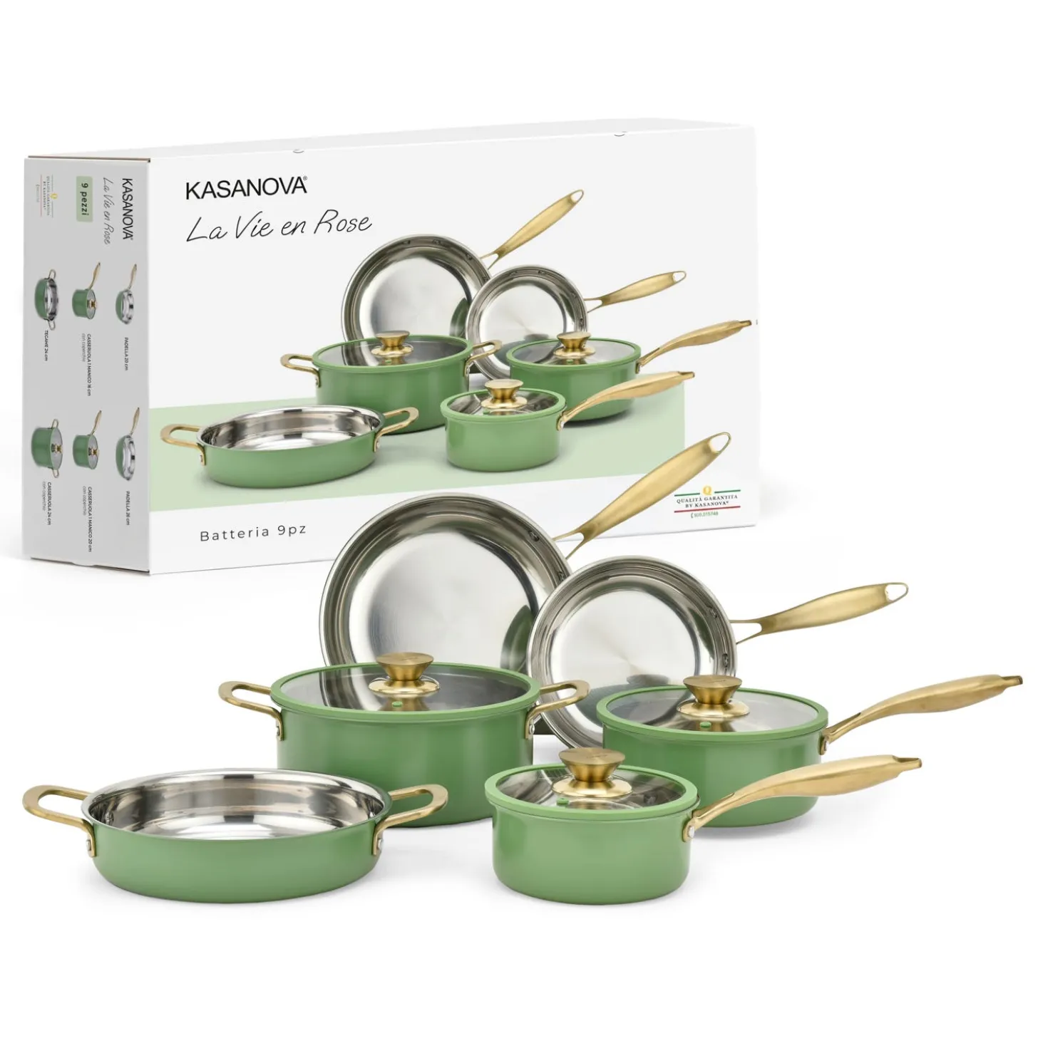 Batteria pentole acciaio 9 pezzi La Vie en Rose verde