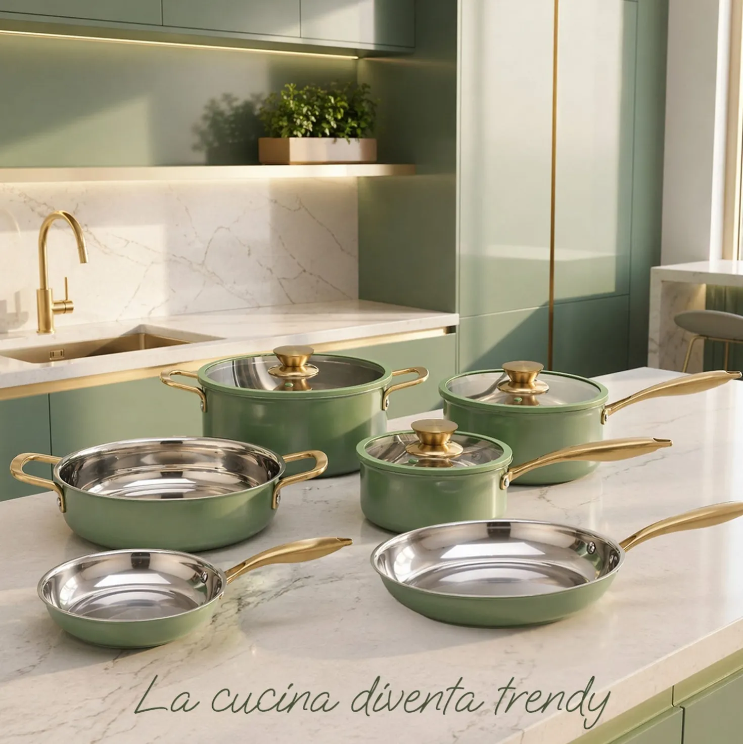 Batteria pentole acciaio 9 pezzi La Vie en Rose verde