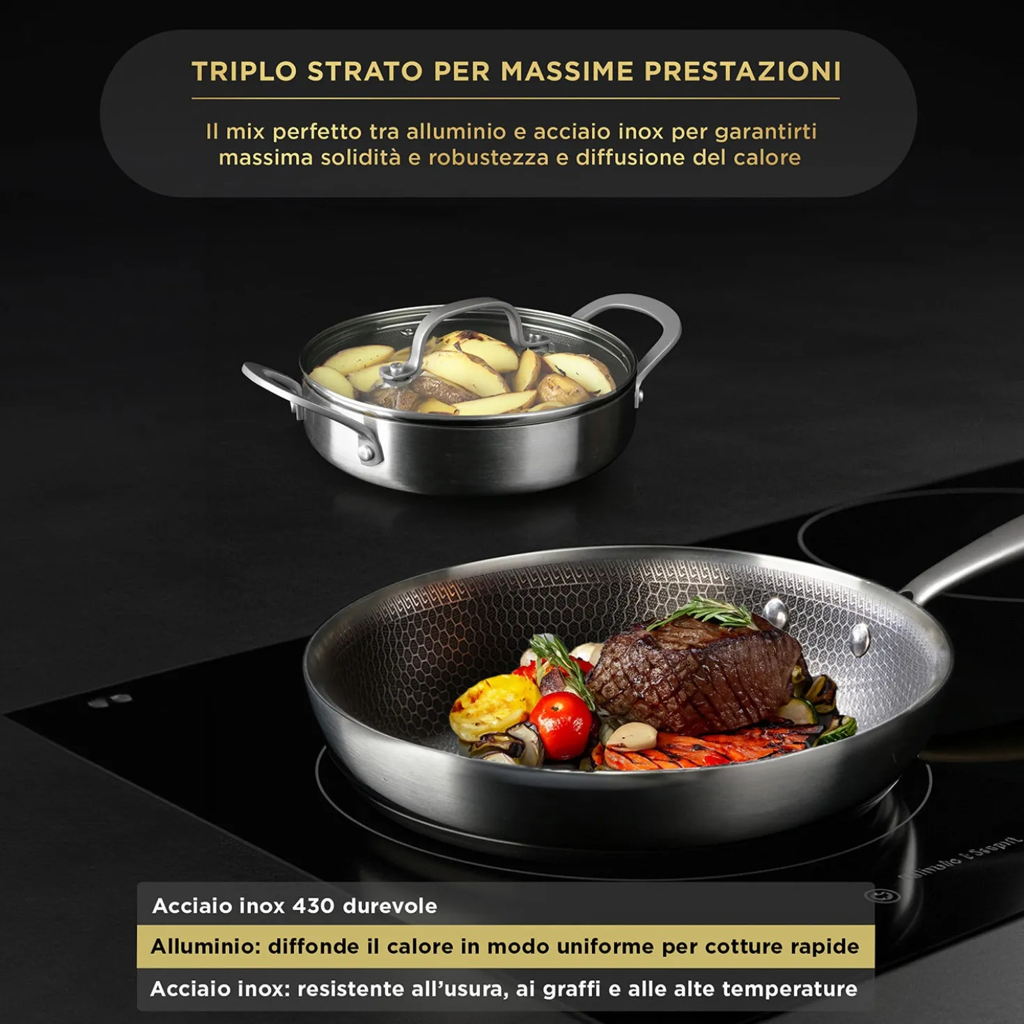 Batteria pentole 3 strati 11 pezzi Tri - Ply