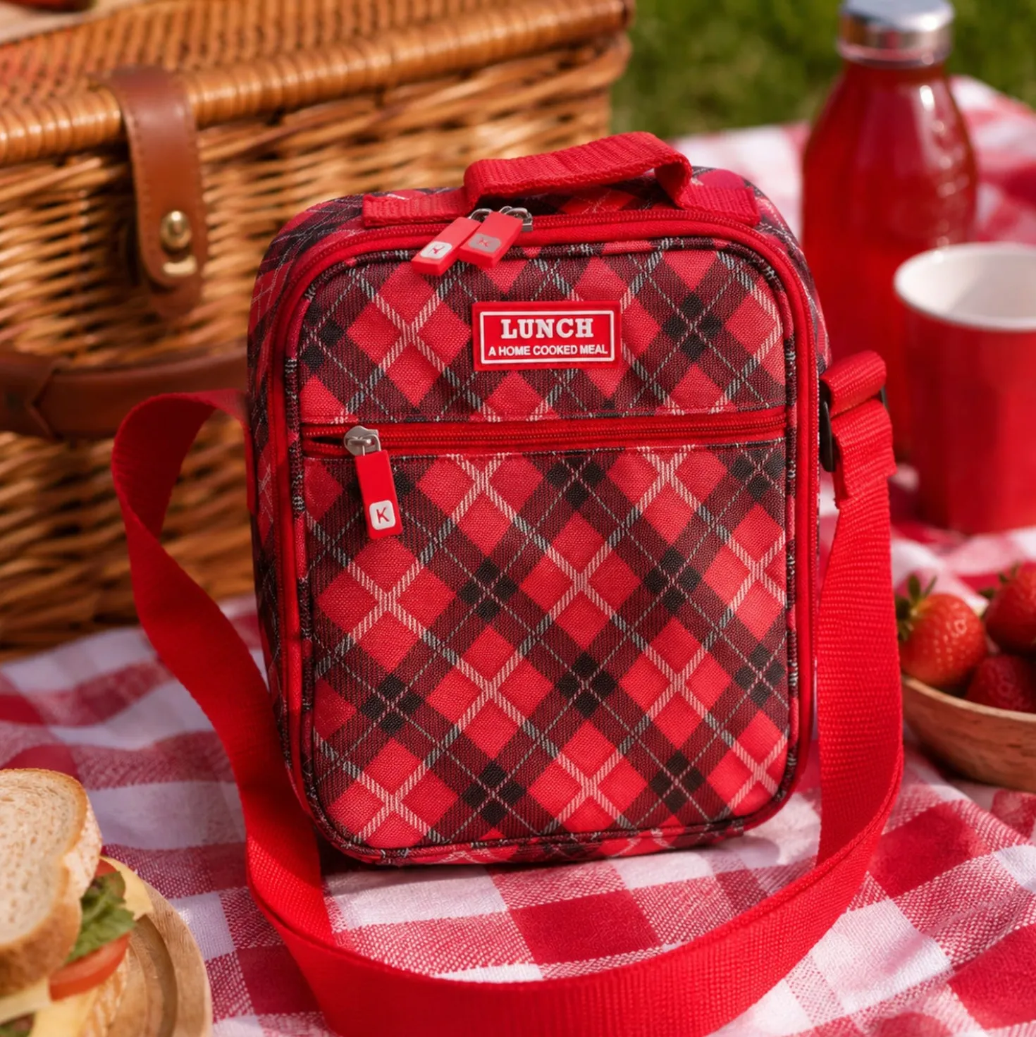Borsa lunch box tartan con tracolla, da 5 litri