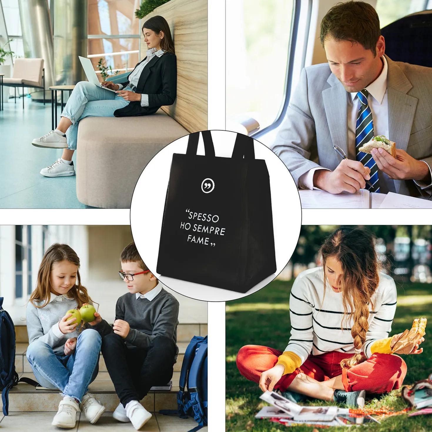 Borsa porta pranzo termica 12 L nero con scritta