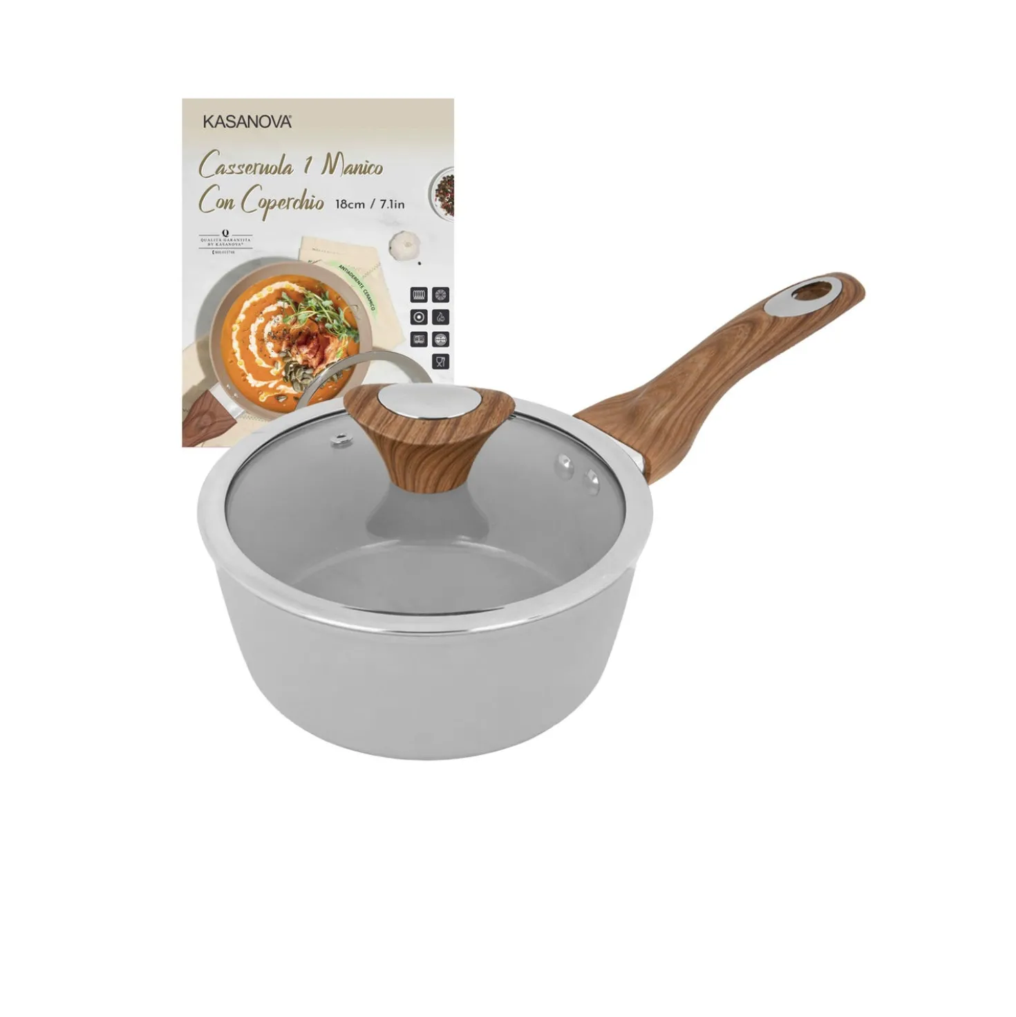 Casseruola 18 cm antiaderente ceramico 1 manico New Ceramic grigio