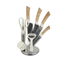 Ceppo con 4 coltelli, pelaverdure, forbici e affilacoltelli effetto legno