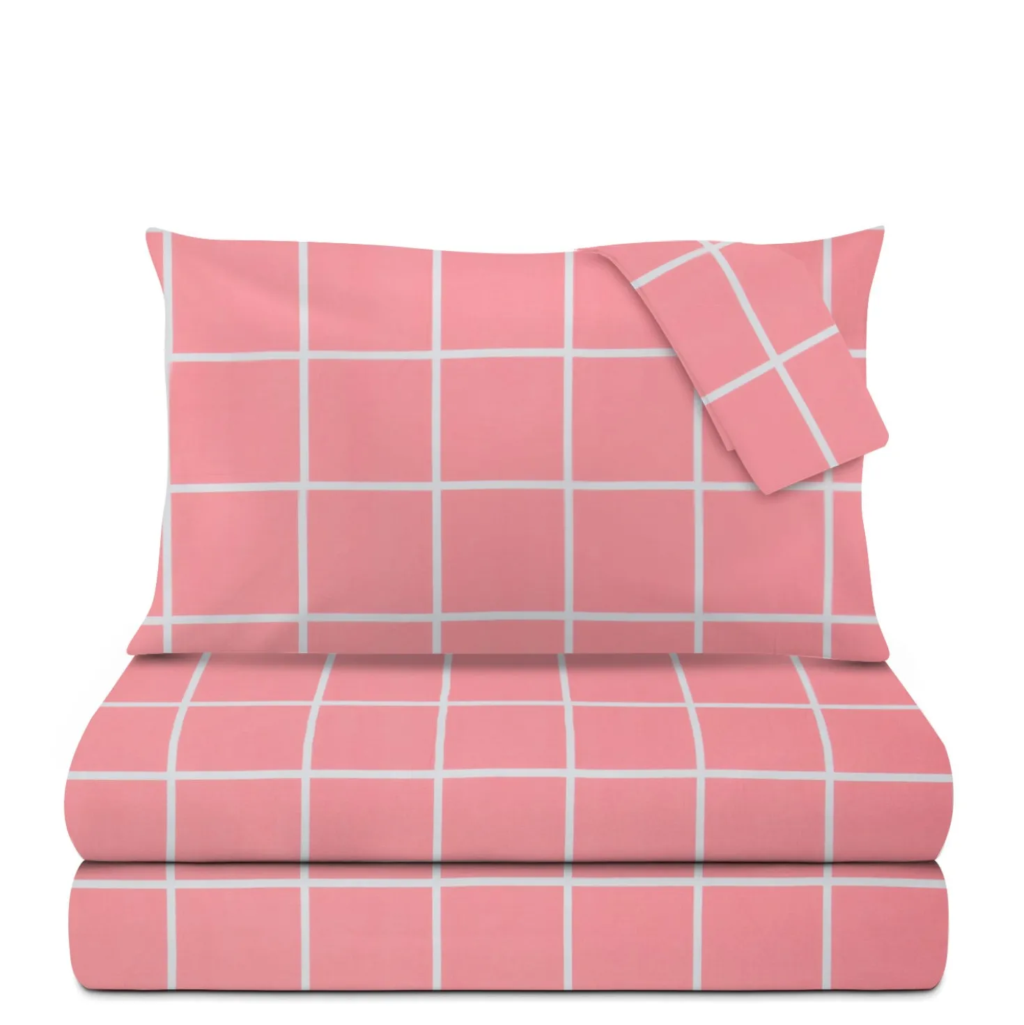 Completo letto matrimoniale policotone quadrotti rosa