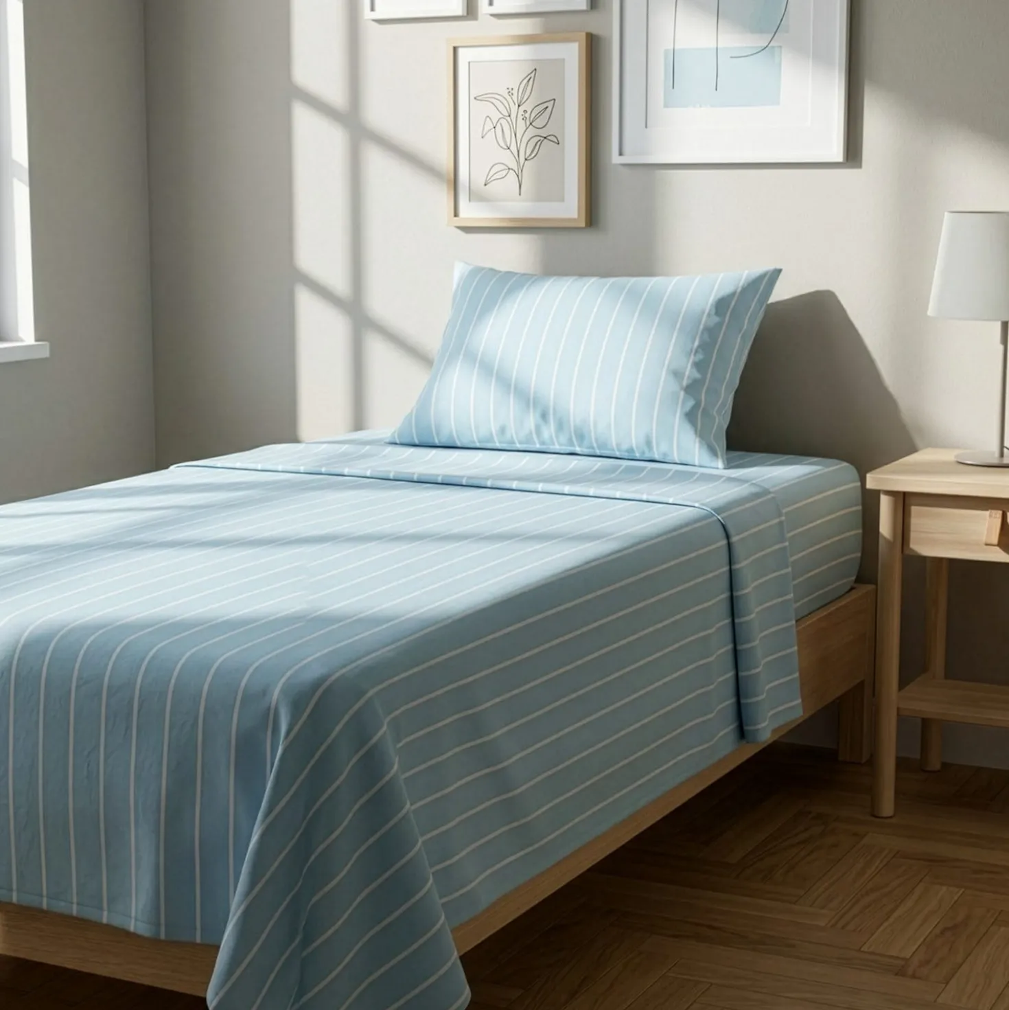 Completo letto 1 piazza e mezza policotone righe azzurro