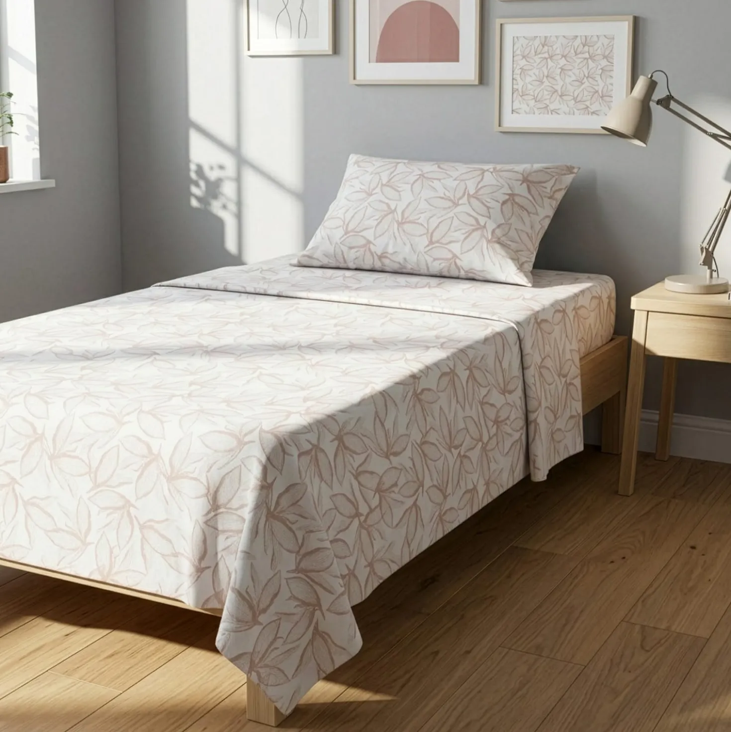 Completo letto 1 piazza e mezza policotone foglie sabbia