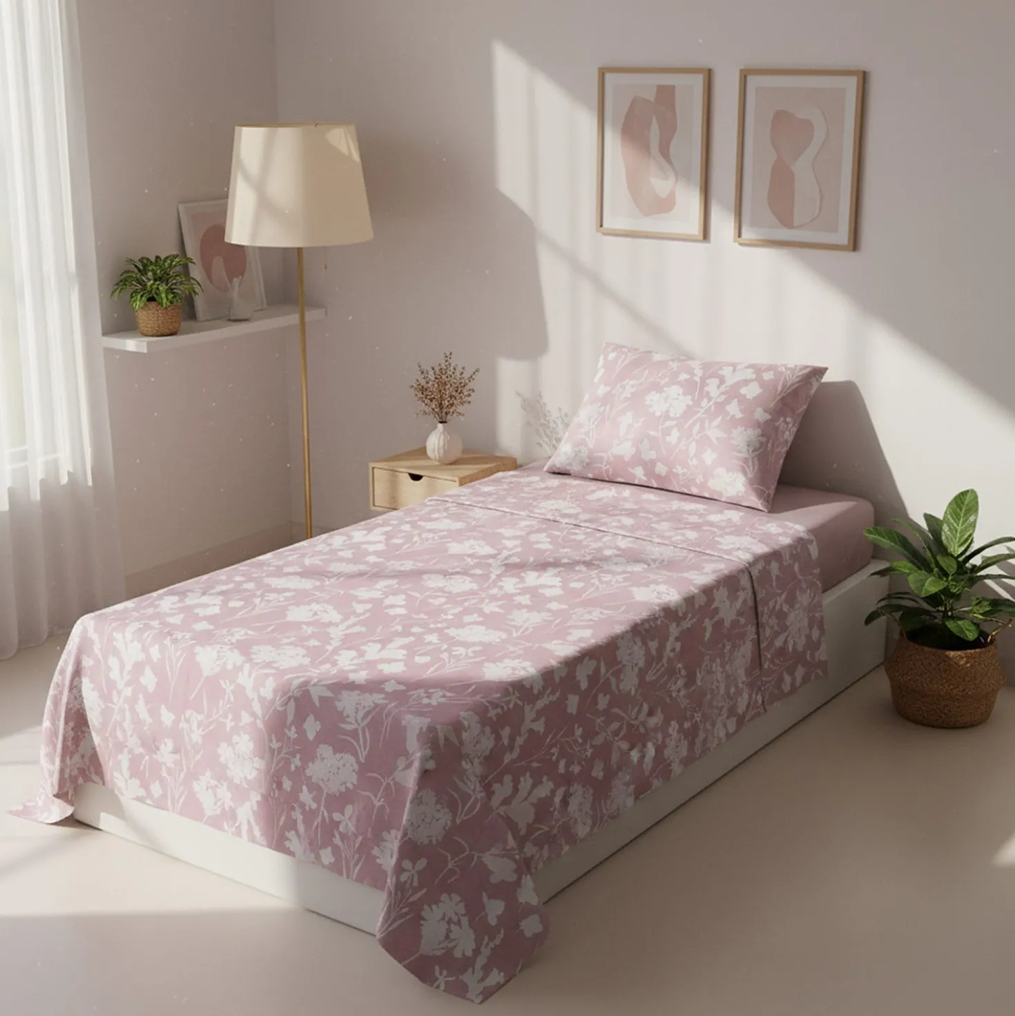 Completo letto singolo cotone fiori malva