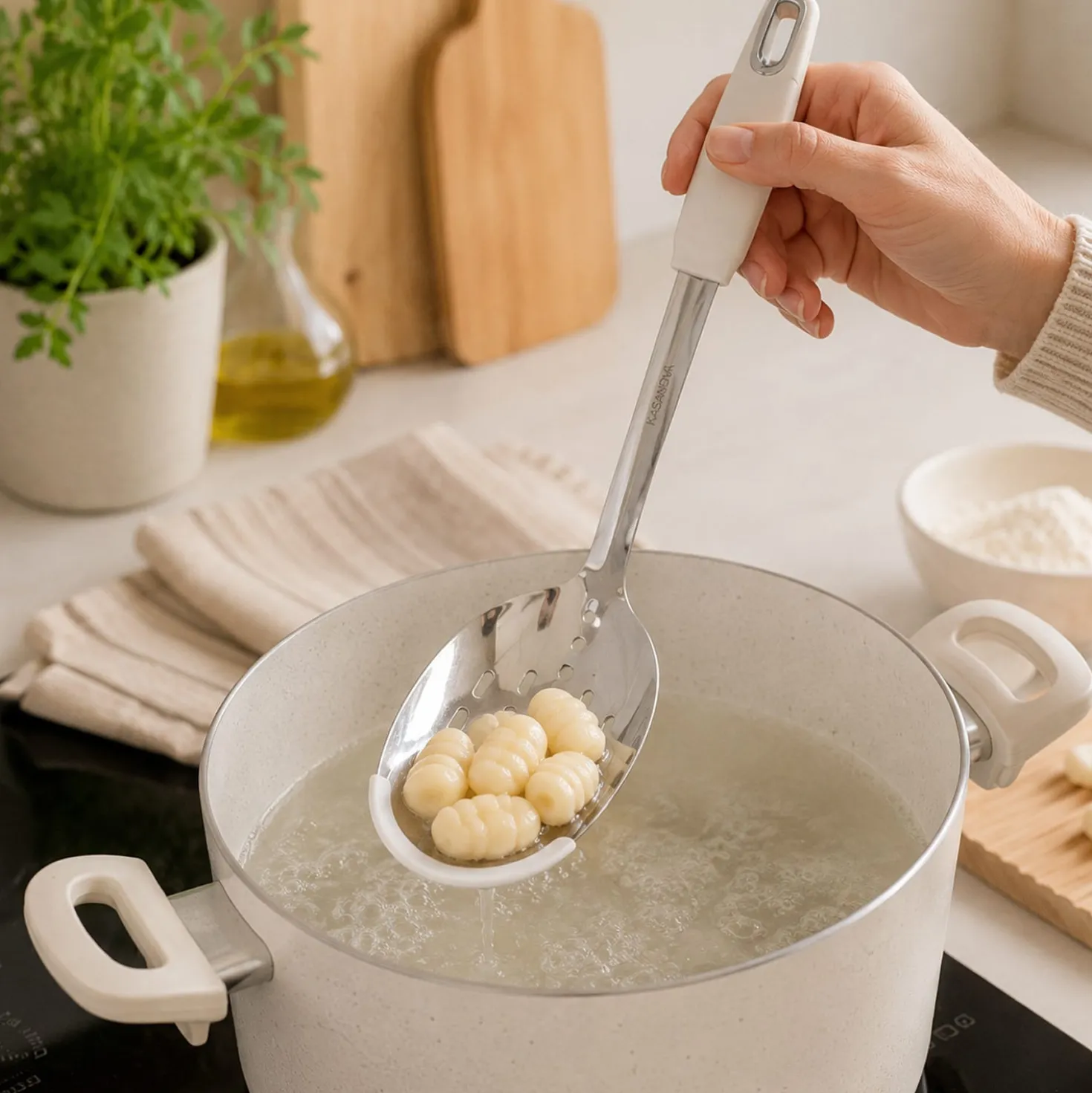 Cucchiaione forato acciaio inox bianco con bordo silicone
