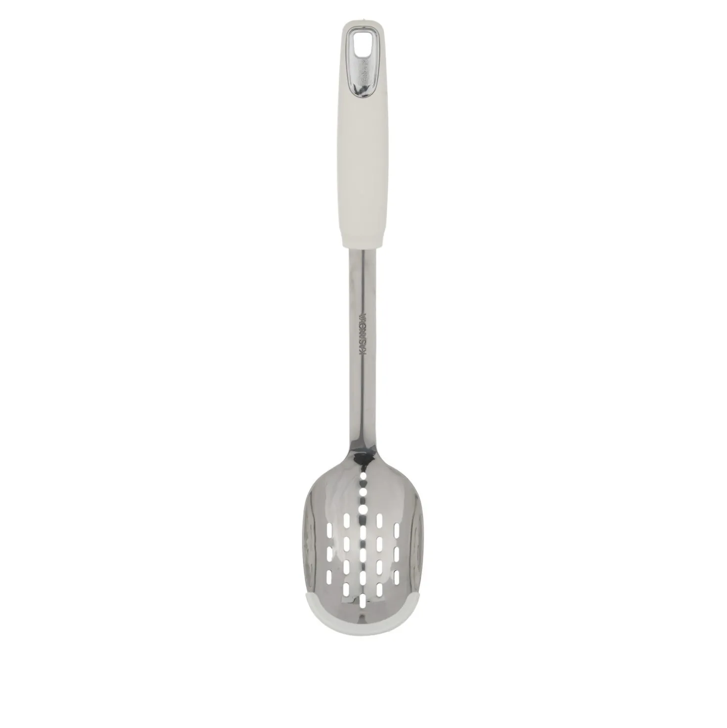 Cucchiaione forato acciaio inox bianco con bordo silicone