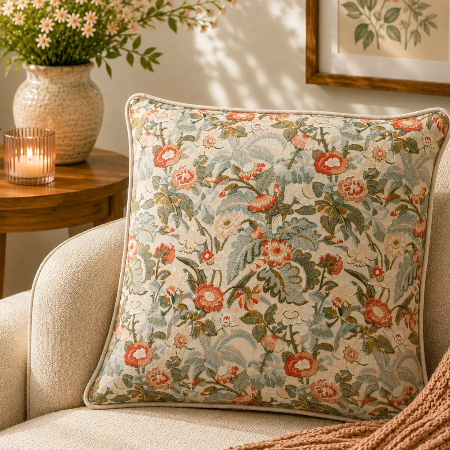 Cuscino divano 45x45 cm fiori corallo