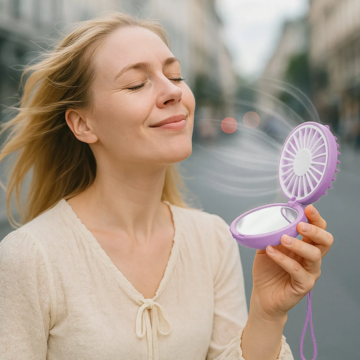 Mini ventilatore da collo con specchio e led viola