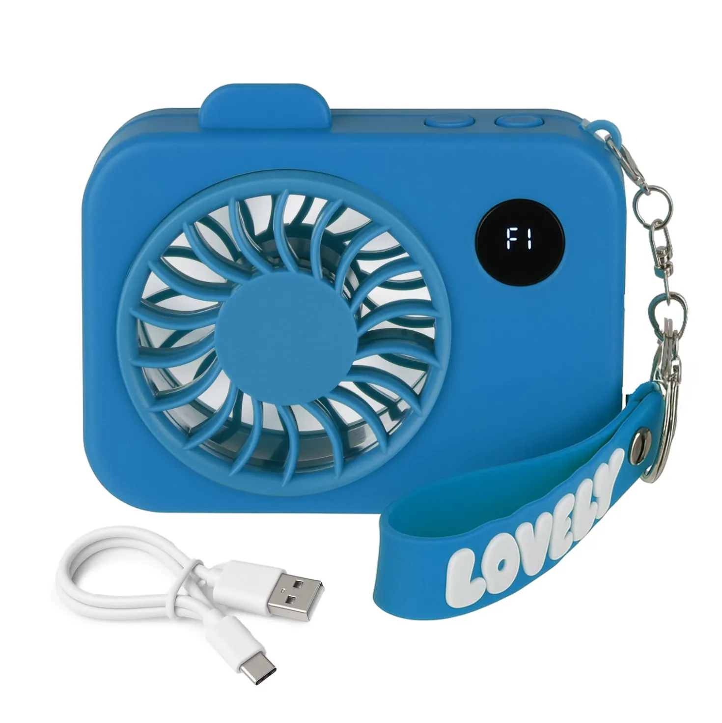 Mini ventilatore portatile azzurro macchina fotografica