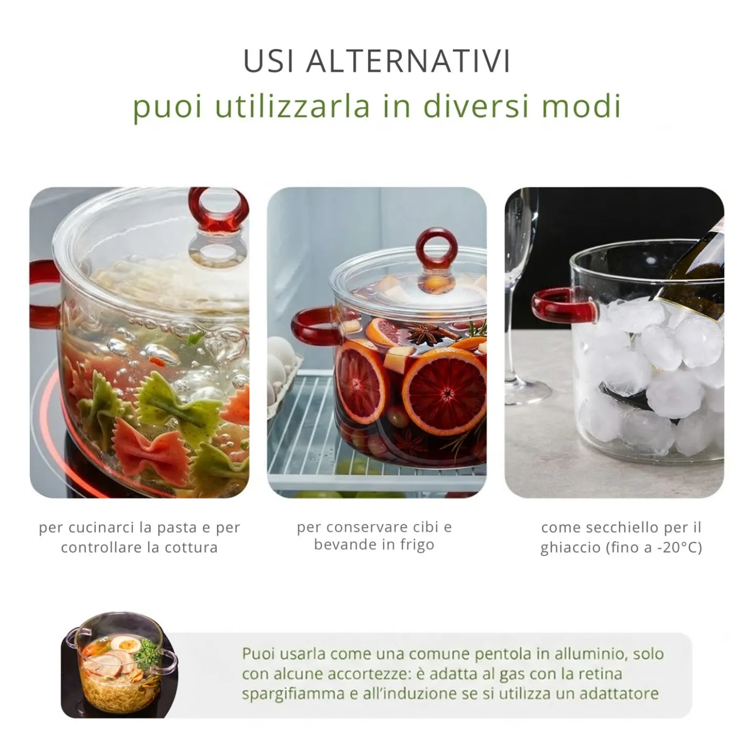 Pentola 2 L vetro borosilicato con coperchio manici rossi