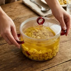 Pentola 2 L vetro borosilicato con coperchio manici rossi