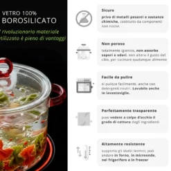 Pentola 2 L vetro borosilicato con coperchio manici rossi