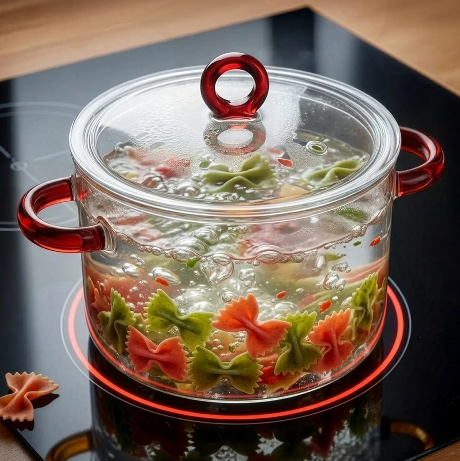 Pentola 1,5 L vetro borosilicato con coperchio manici rossi