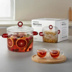 Pentola 1,5 L vetro borosilicato con coperchio manici rossi