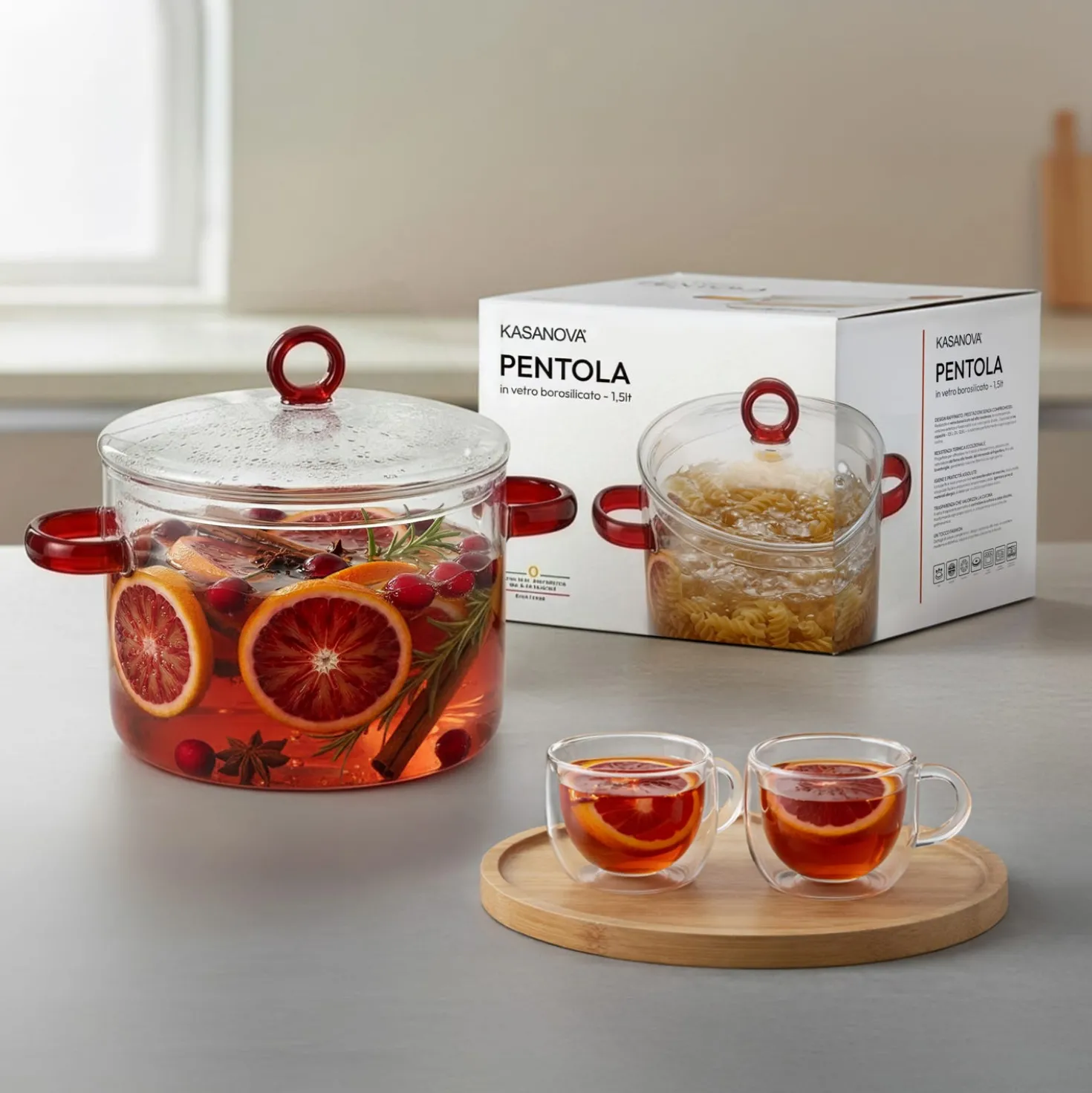 Pentola 1,5 L vetro borosilicato con coperchio manici rossi