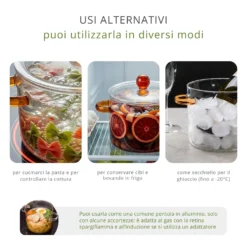Pentola 2 L vetro borosilicato con coperchio manici ambra