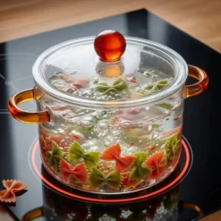 Pentola 2 L vetro borosilicato con coperchio manici ambra