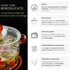 Pentola 2 L vetro borosilicato con coperchio manici ambra