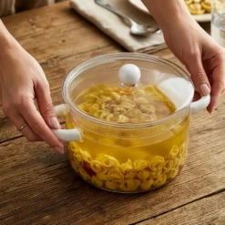 Pentola 2 L vetro borosilicato con coperchio manici bianchi