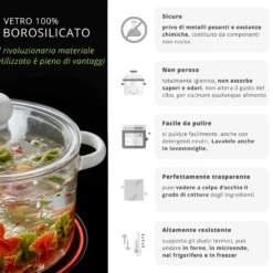 Pentola 2 L vetro borosilicato con coperchio manici bianchi