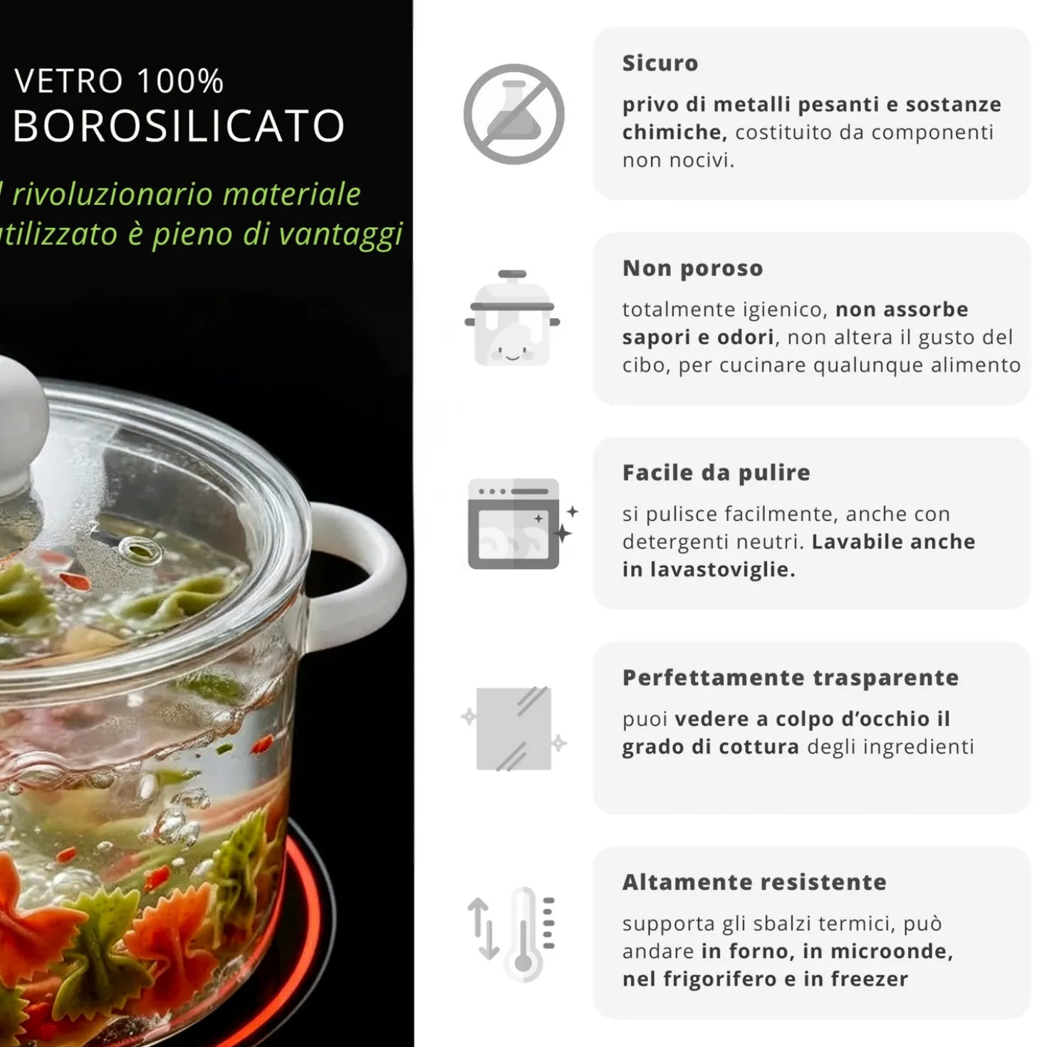 Pentola 2,5 L vetro borosilicato con coperchio manici bianchi