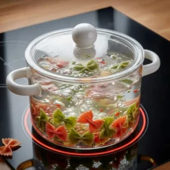 Pentola 2,5 L vetro borosilicato con coperchio manici bianchi