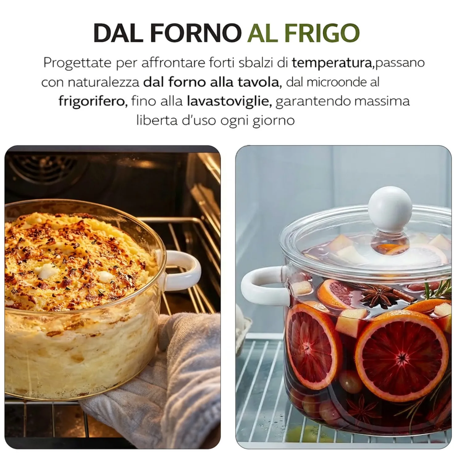 Pentola 2,5 L vetro borosilicato con coperchio manici bianchi
