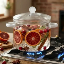 Pentola 2,5 L vetro borosilicato con coperchio manici bianchi
