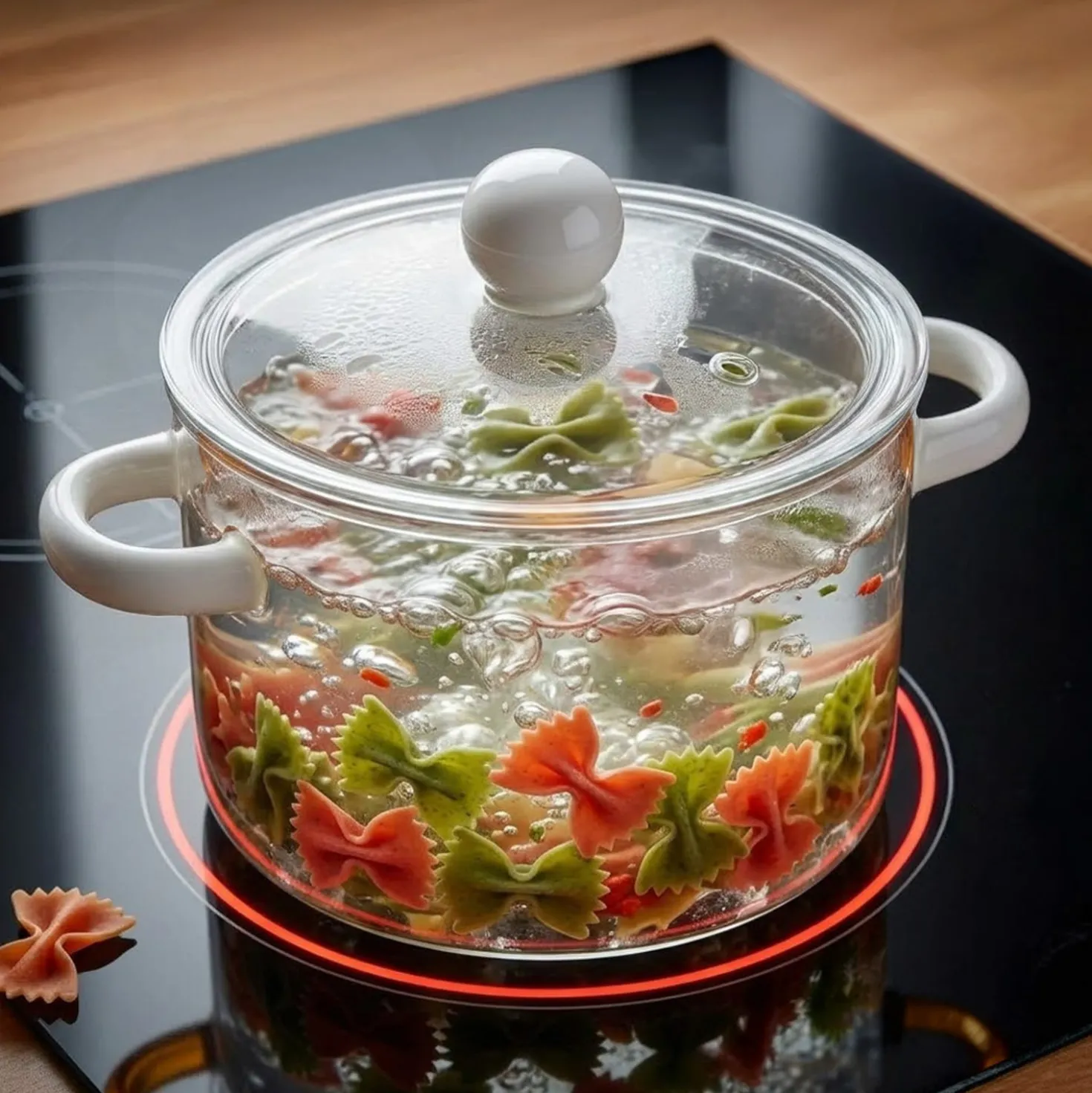 Pentola 1,5 L vetro borosilicato con coperchio manici bianchi