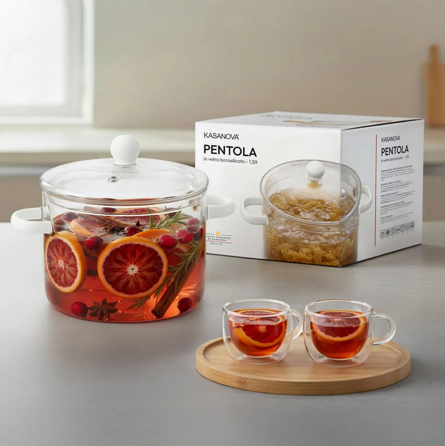Pentola 1,5 L vetro borosilicato con coperchio manici bianchi