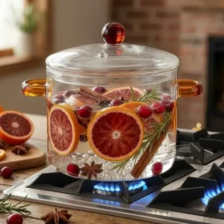 Pentola 1,5 L vetro borosilicato con coperchio manici ambra
