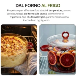 Pentola 2,5 L vetro borosilicato con coperchio manici rossi