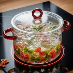 Pentola 2,5 L vetro borosilicato con coperchio manici rossi