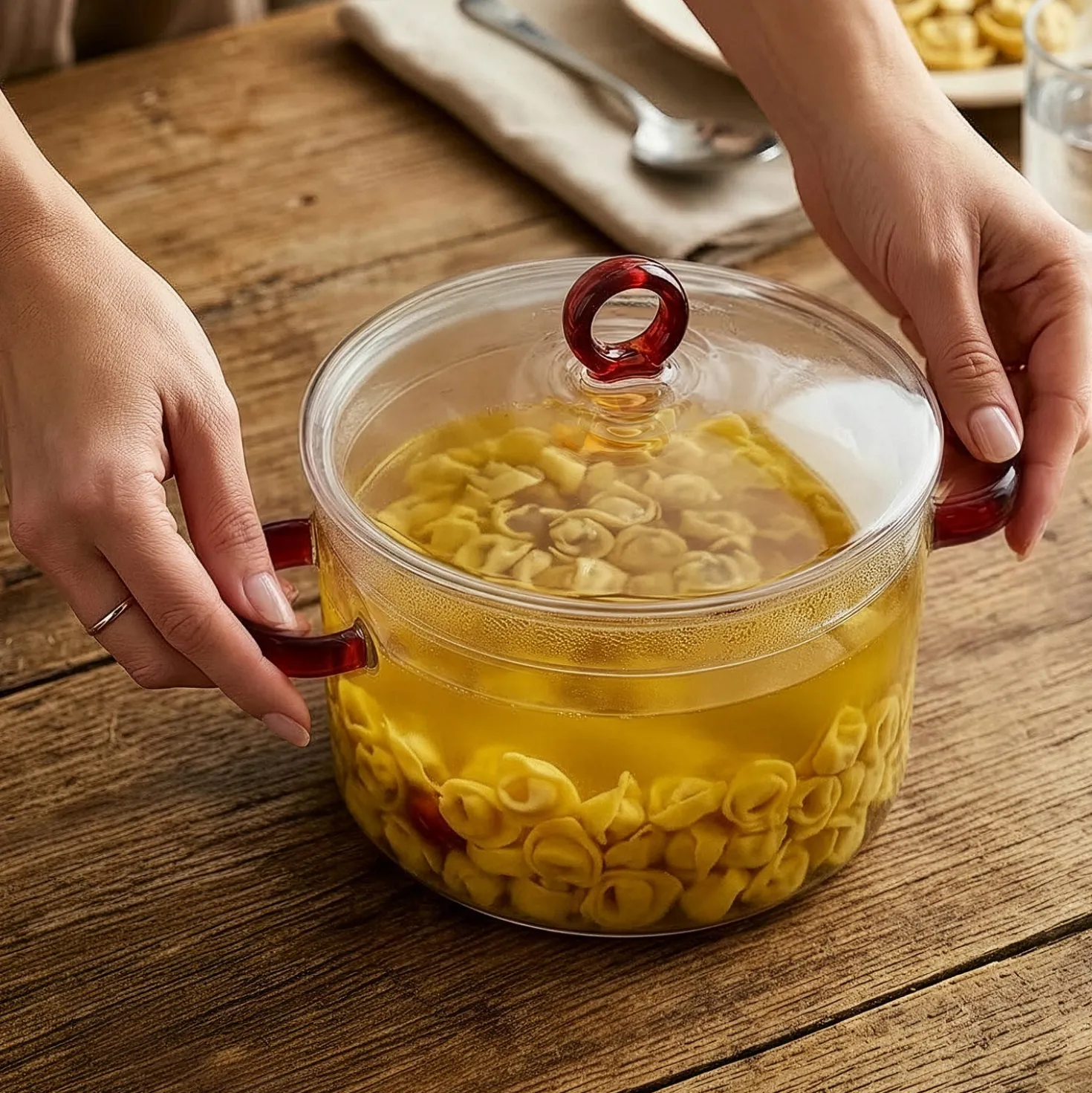 Pentola 2,5 L vetro borosilicato con coperchio manici rossi