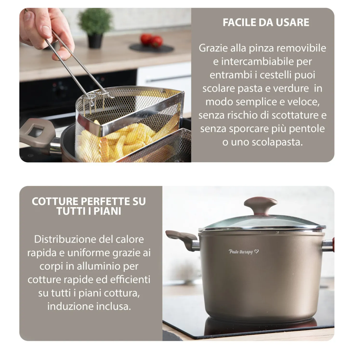 Pentola pasta 22 cm tortora con 2 cestelli e coperchio