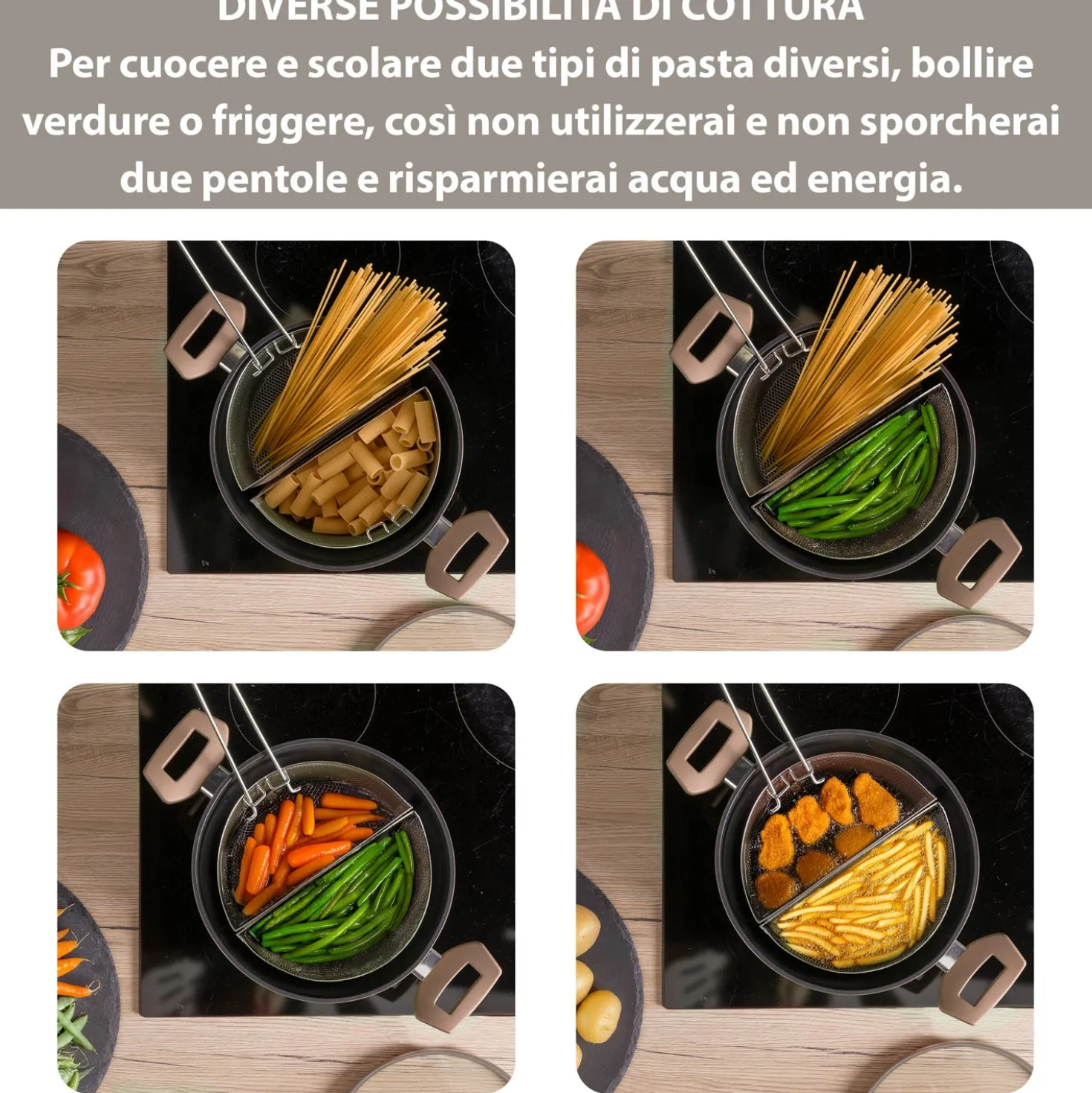 Pentola pasta 22 cm tortora con 2 cestelli e coperchio