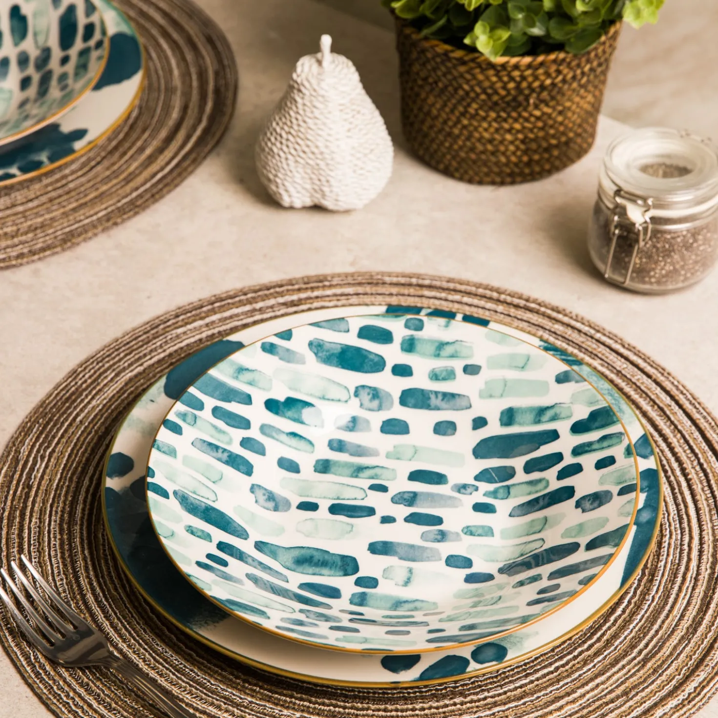 Servizio 12 piatti porcellana blu azzurro Mosaico