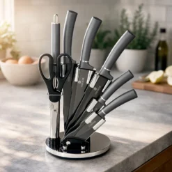 Set 5 coltelli grigi con forbici, affilacoltelli e stand