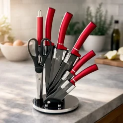 Set 5 coltelli rossi con forbici, affilacoltelli e stand