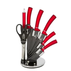 Set 5 coltelli rossi con forbici, affilacoltelli e stand