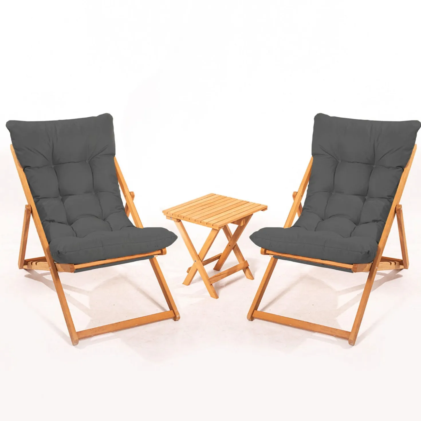 Set 2 sdraio legno cuscini grigi con tavolino