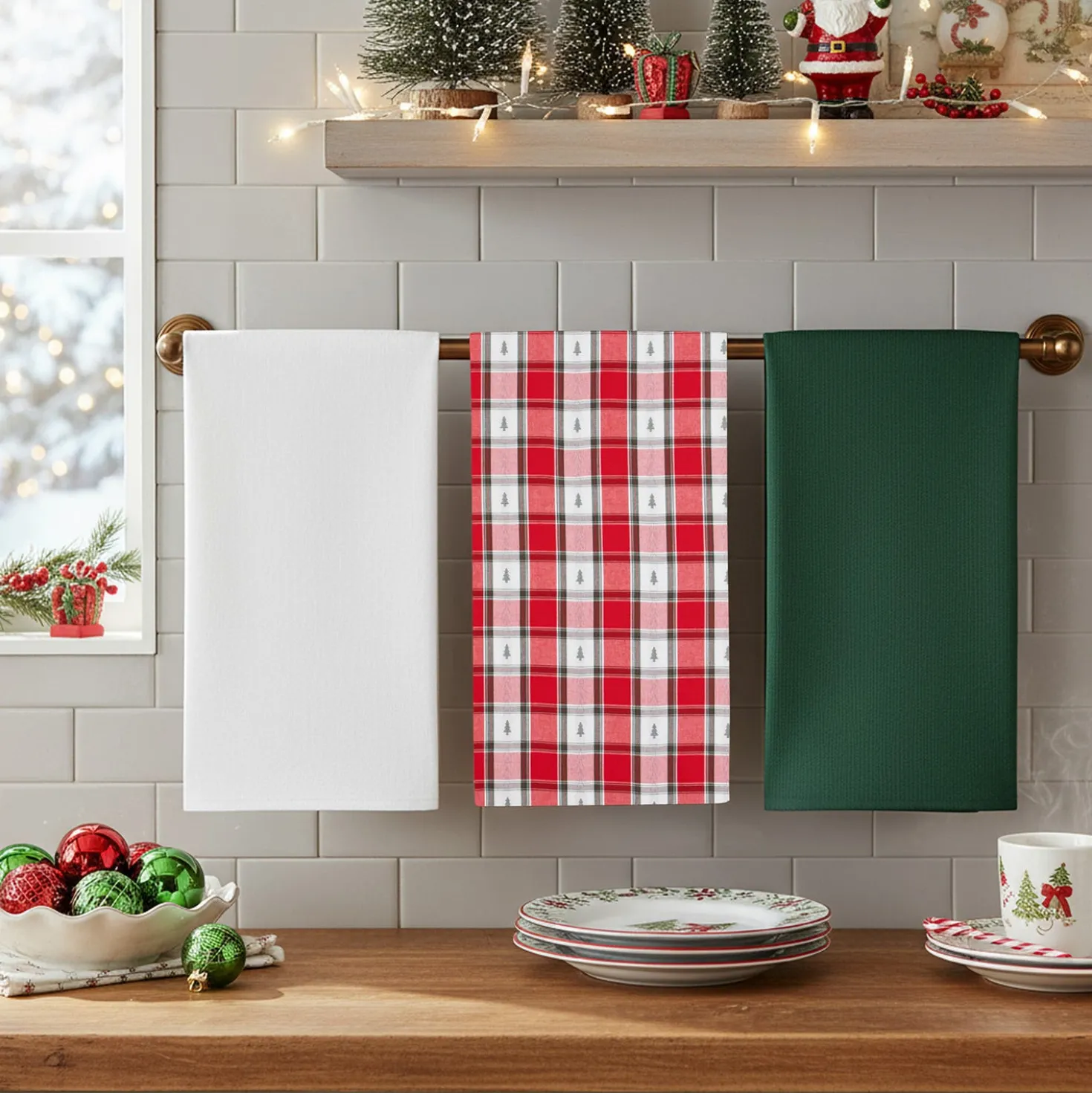 Set 3 strofinacci tartan alberi con cestino