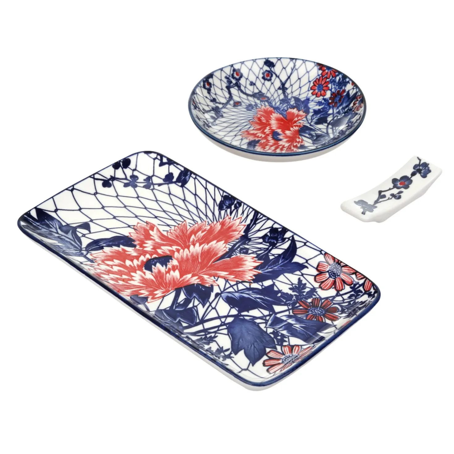 Set sushi 3 pezzi piattino rettangolare fiore rosso Sushiko