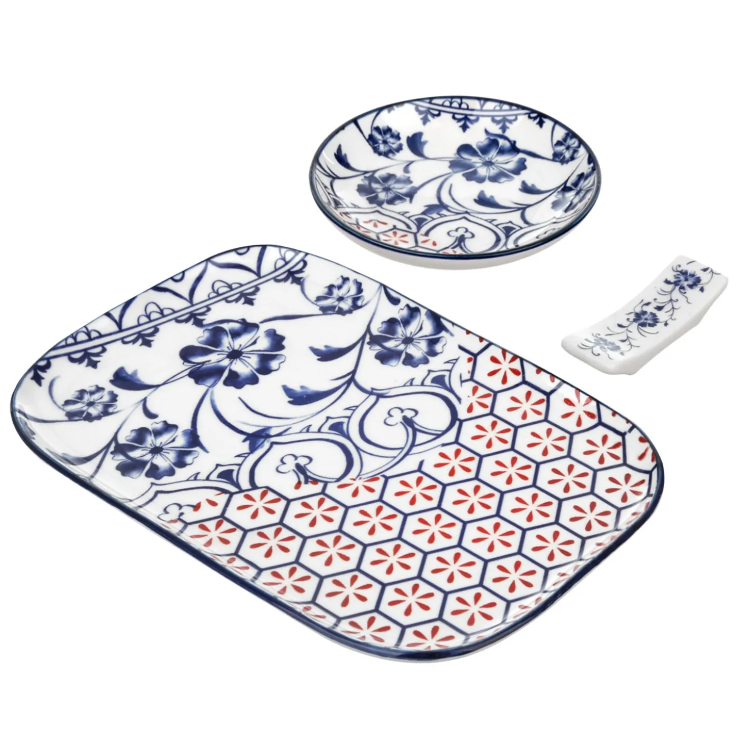 Set sushi 3 pezzi piattino rettangolare 23 cm blu rosso Sushiko