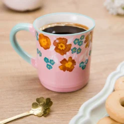 Tazza mug fiori 310 ml in porcellana azzurra e rosa