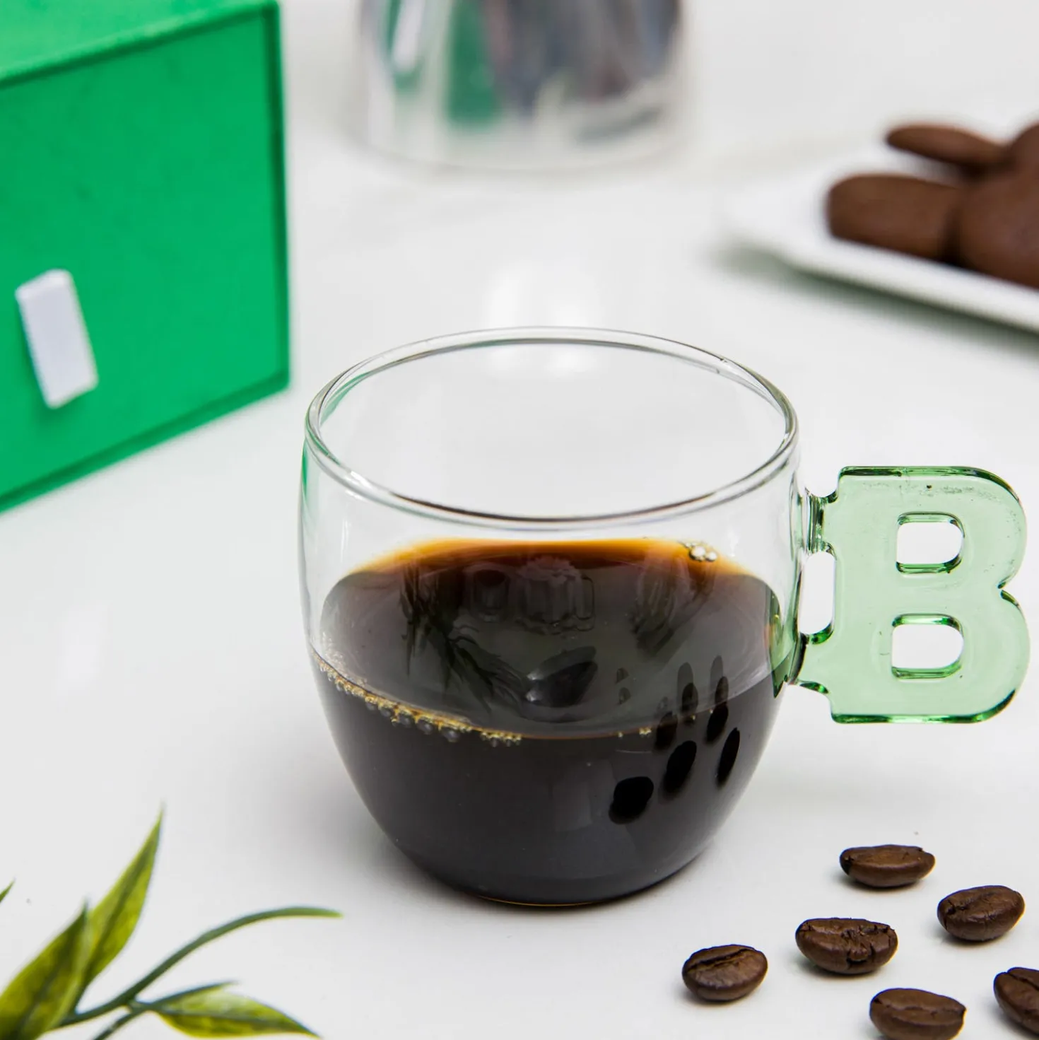 Tazzina caffè lettera B verde in vetro borosilicato, 150 ml